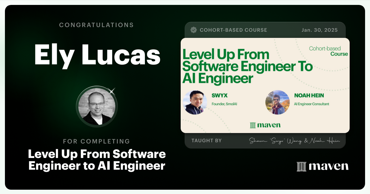 Certificate of Completion for Level Up From Software Engineer to AI Engineer
