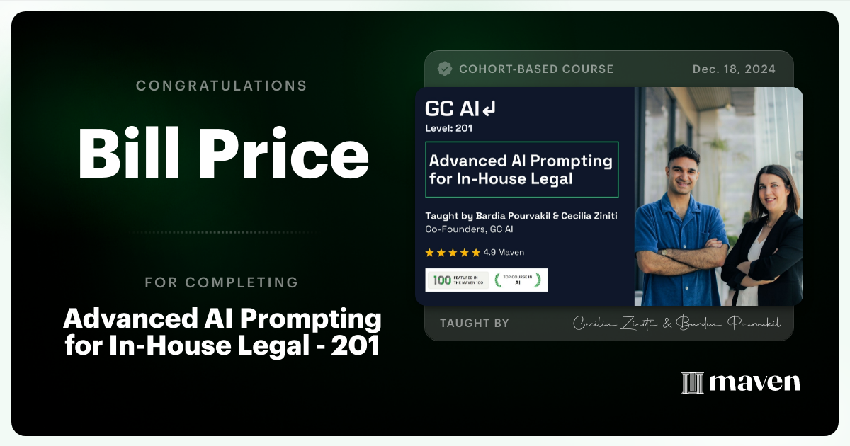 Certificate of Completion for Advanced AI Prompting for In-House Legal - 201
