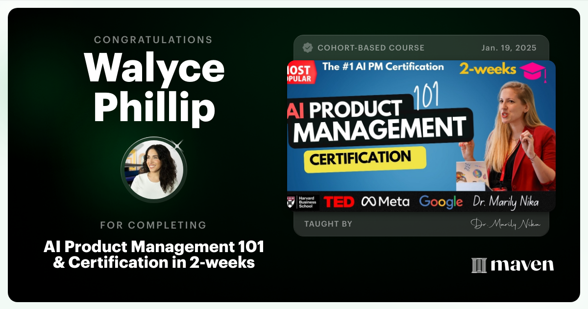 Certificate of Completion for AI Product Management 101 & Certification - Building AI Products end-to-end