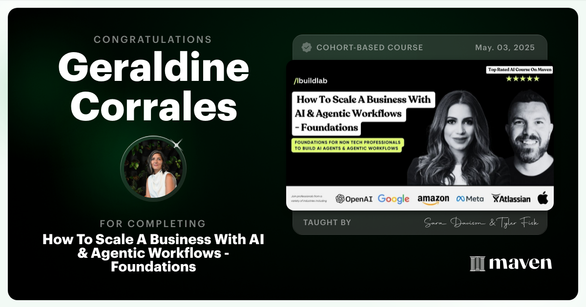 Certificate of Completion for How To Scale A Business With AI & Agentic Workflows - Foundations