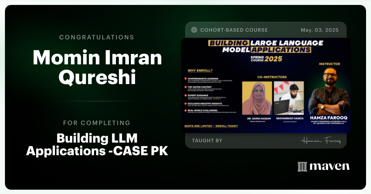 Certificate of Completion for Building LLM Applications -CASE PK