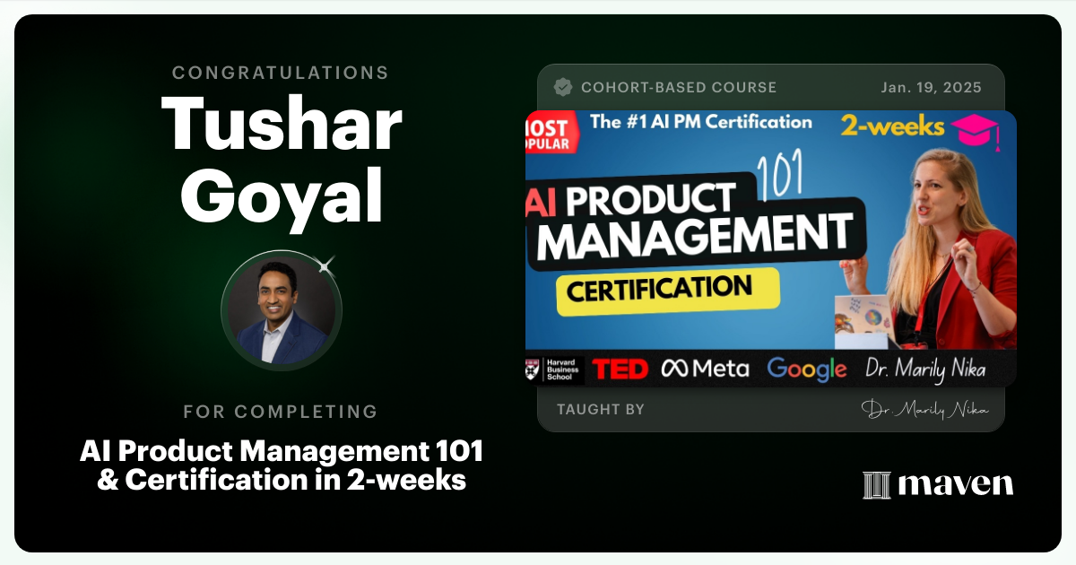 Certificate of Completion for AI Product Management 101 & Certification - Building AI Products end-to-end