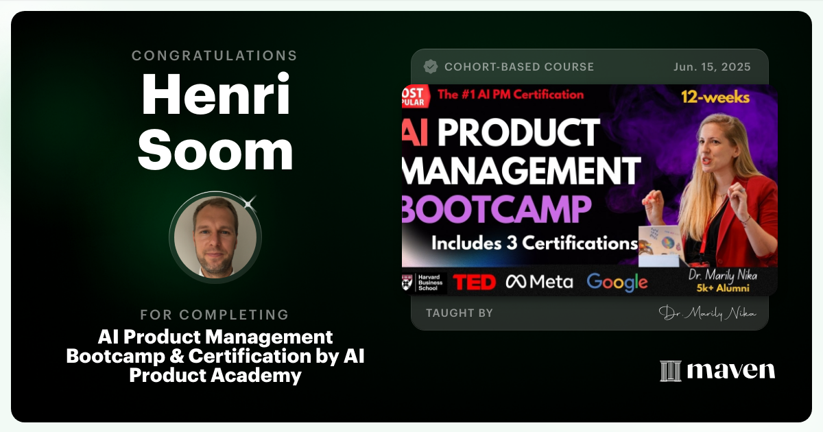Certificate of Completion for AI Product Management Bootcamp & Certification by AI Product Academy