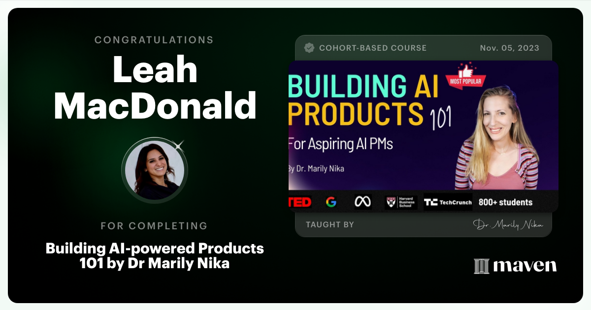Certificate of Completion for AI Product Management 101 & Certification - Building AI Products end-to-end