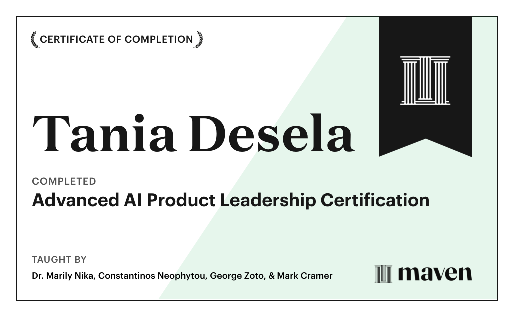 Certificate for Advanced AI Product Leadership Certification by AI Product Academy