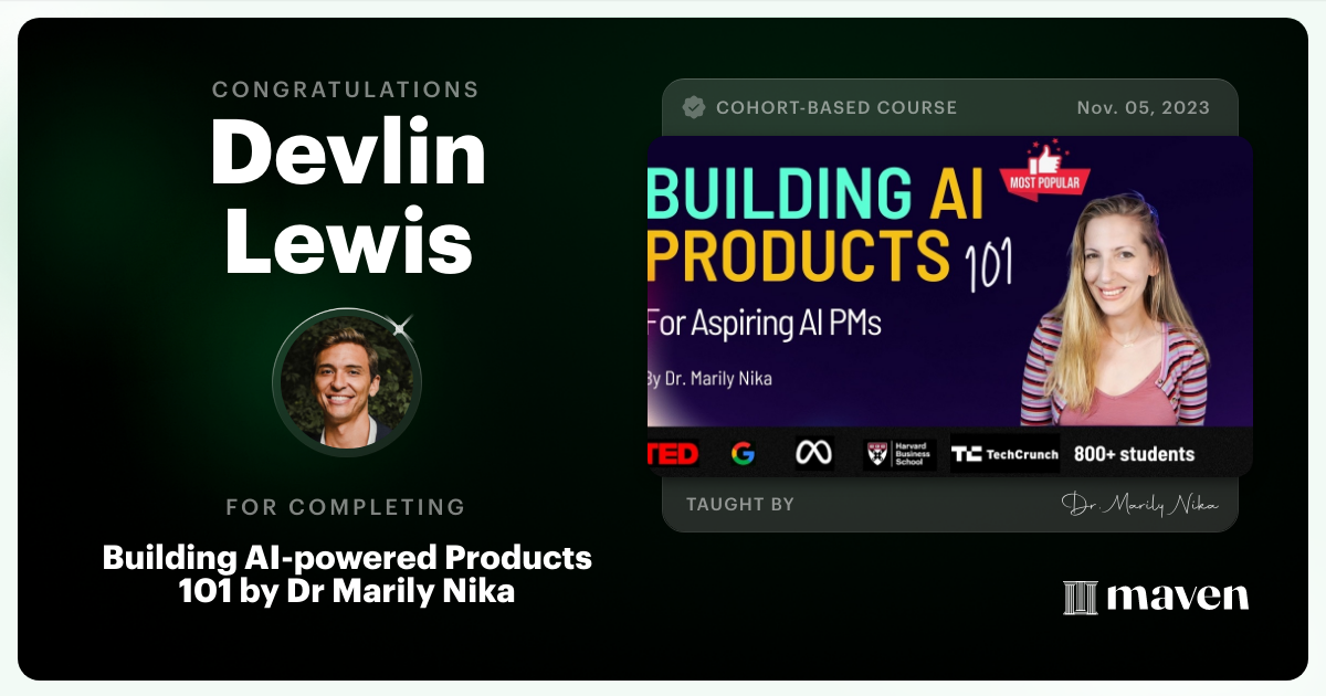 Certificate of Completion for AI Product Management 101 & Certification - Building AI Products end-to-end