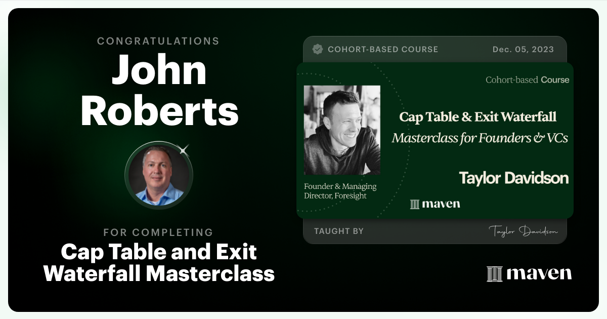 Certificate of Completion for Cap Table and Exit Waterfall Masterclass
