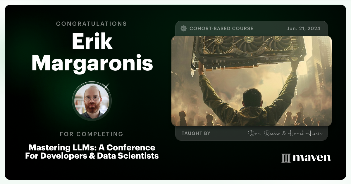 Certificate of Completion for Mastering LLMs For Developers & Data Scientists