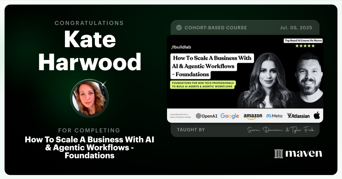 Certificate of Completion for How To Scale A Business With AI & Agentic Workflows - Foundations