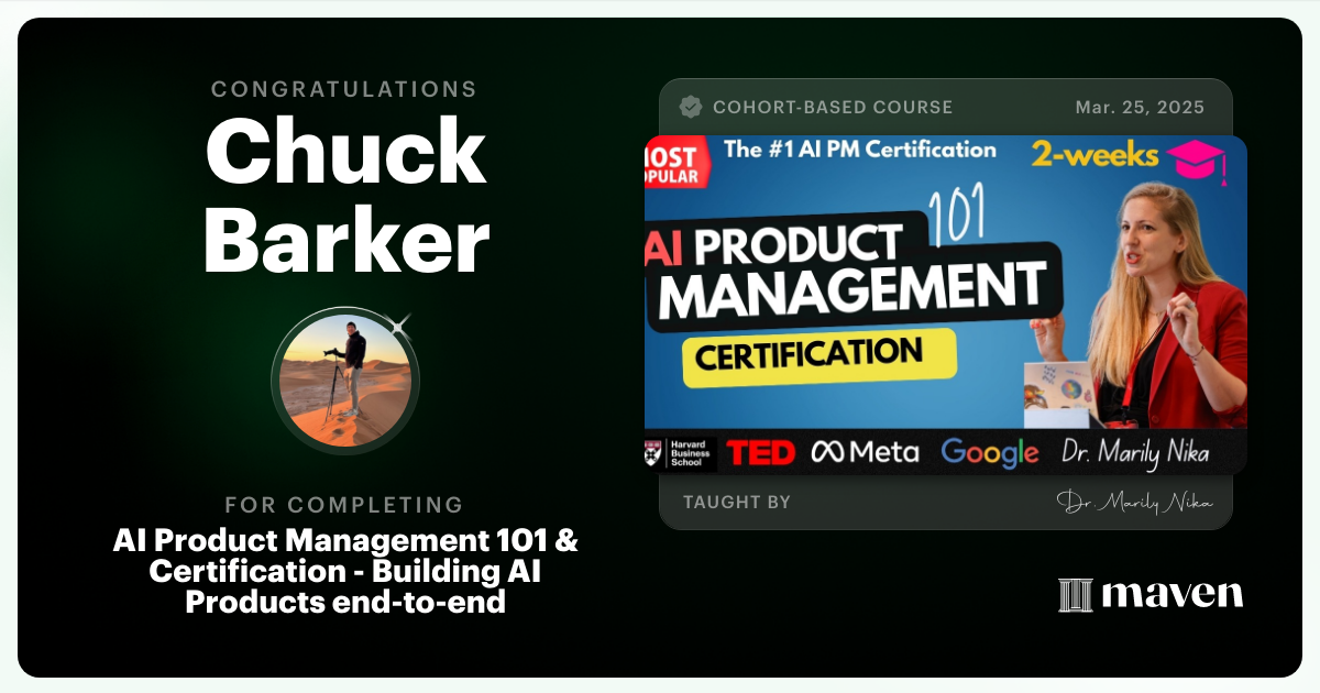 Certificate of Completion for AI Product Management 101 & Certification - Building AI Products end-to-end