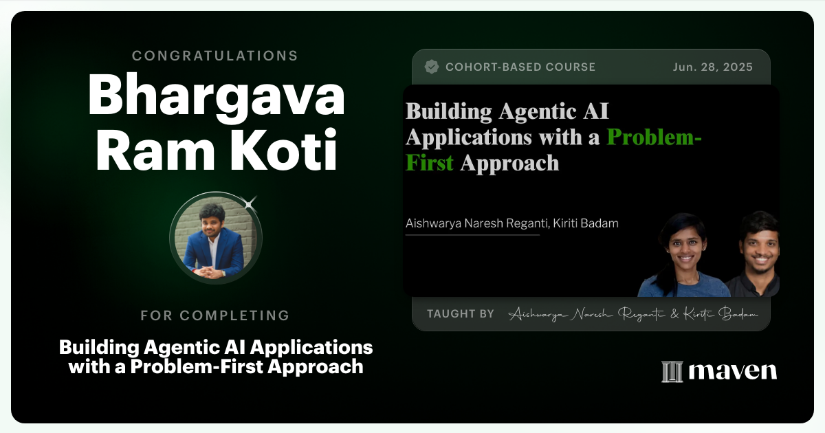 Certificate of Completion for Building Agentic AI Applications with a Problem-First Approach