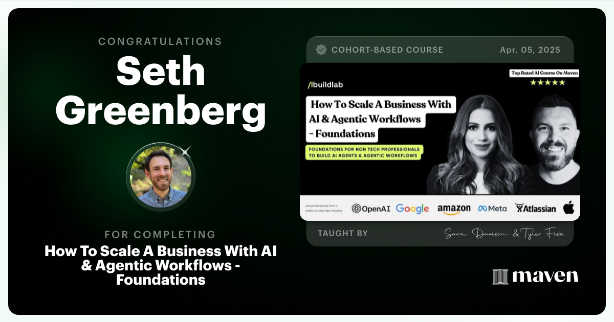Certificate of Completion for How To Scale A Business With AI & Agentic Workflows - Foundations