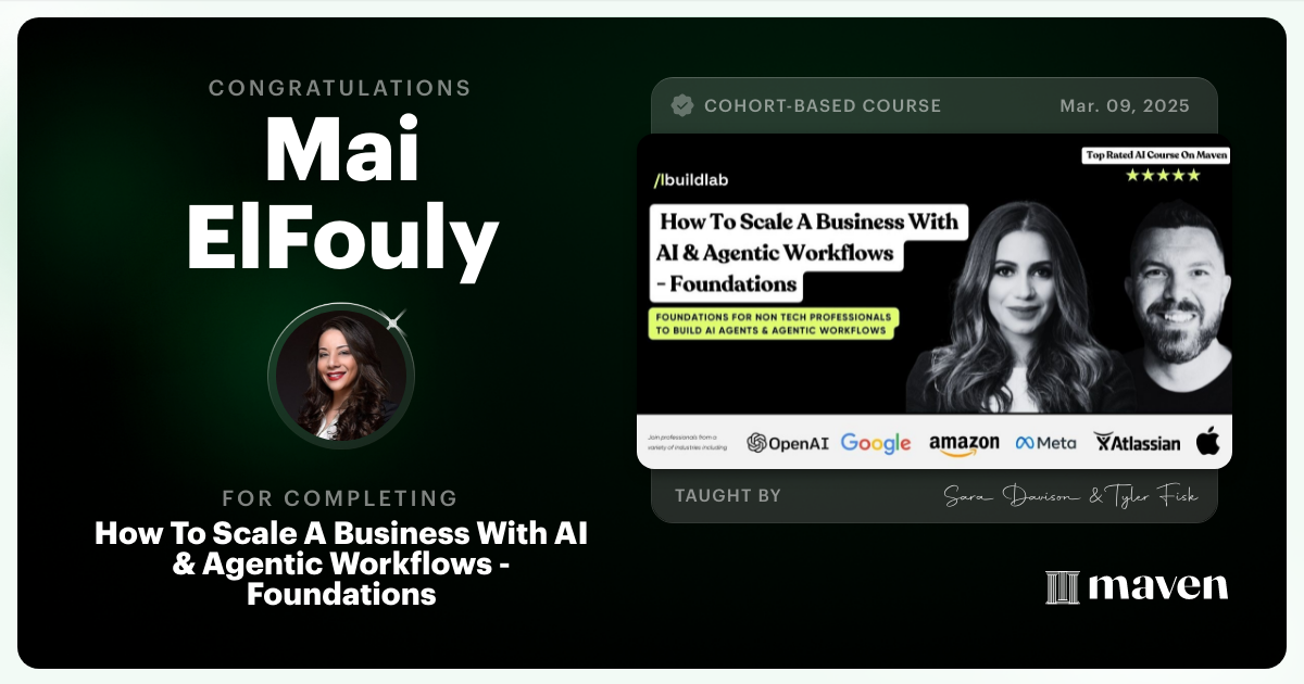 Certificate of Completion for How To Scale A Business With AI & Agentic Workflows - Foundations