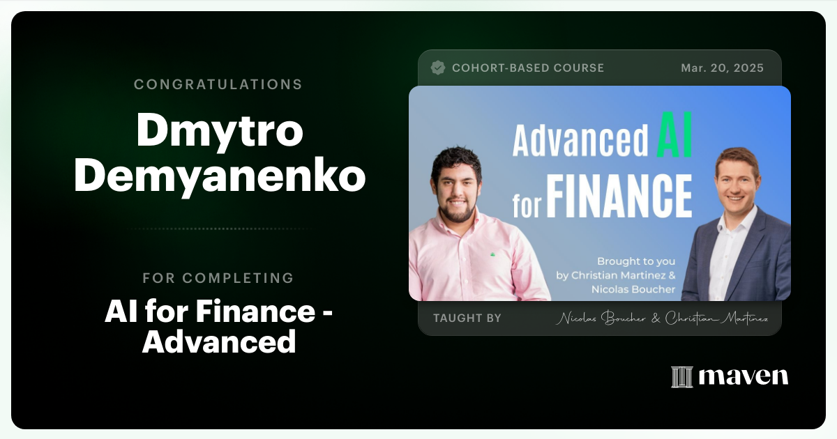 Certificate of Completion for AI for Finance - Advanced