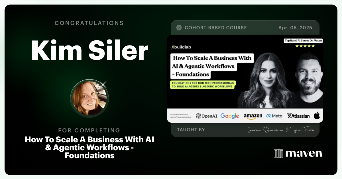 Certificate of Completion for How To Scale A Business With AI & Agentic Workflows - Foundations