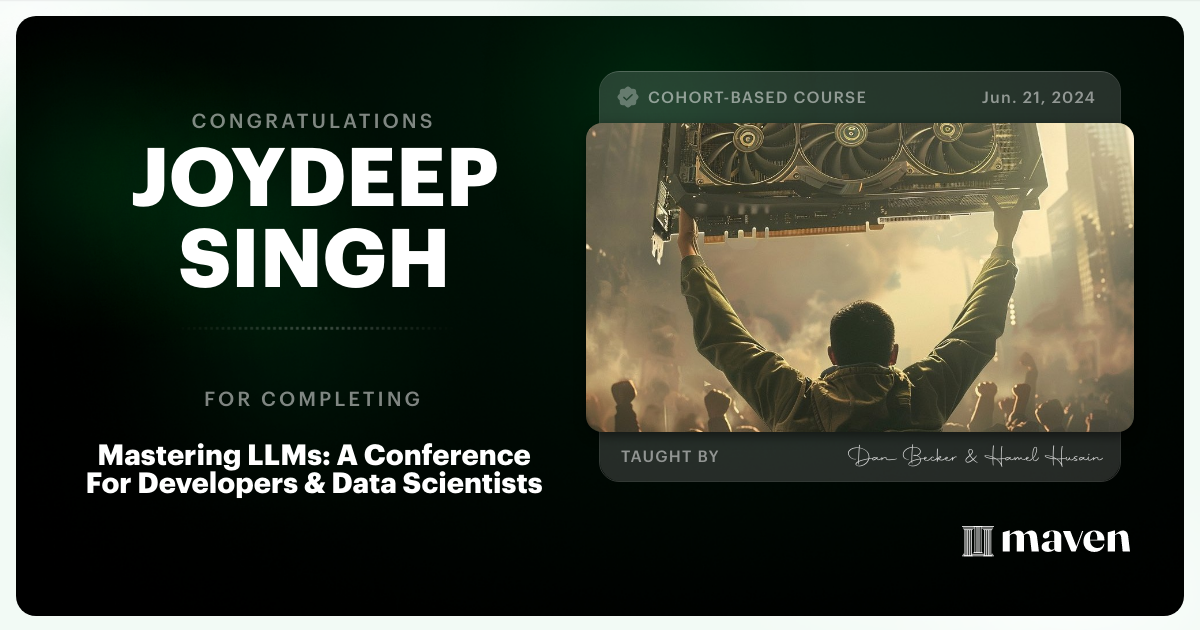 Certificate of Completion for Mastering LLMs For Developers & Data Scientists