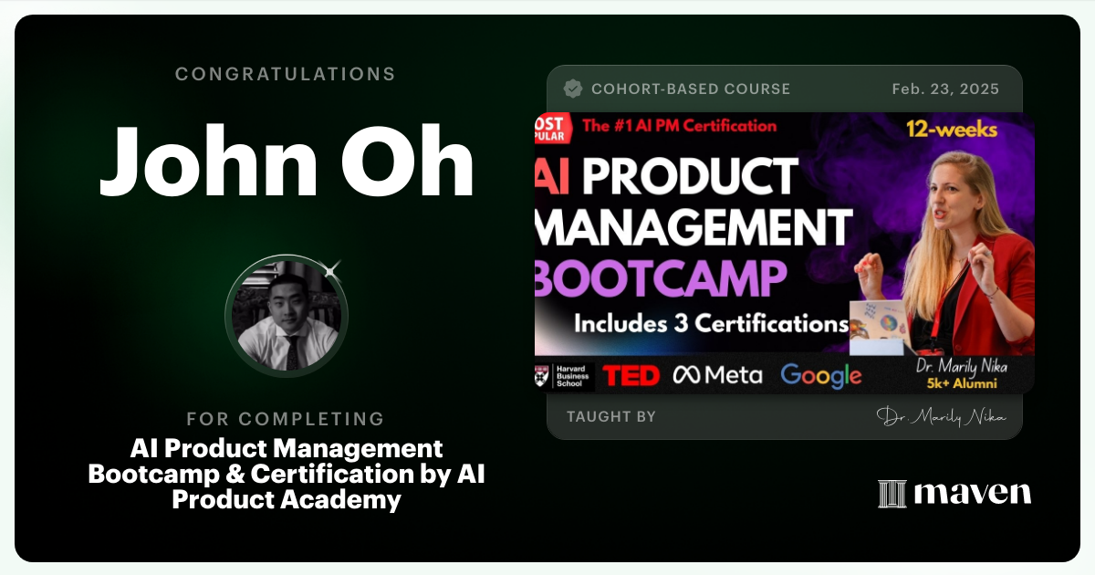 Certificate of Completion for AI Product Management Bootcamp & Certification by AI Product Academy