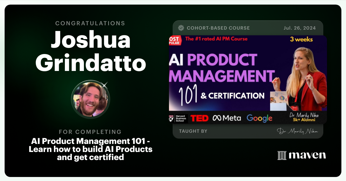 Certificate of Completion for AI Product Management 101 & Certification - Building AI Products end-to-end