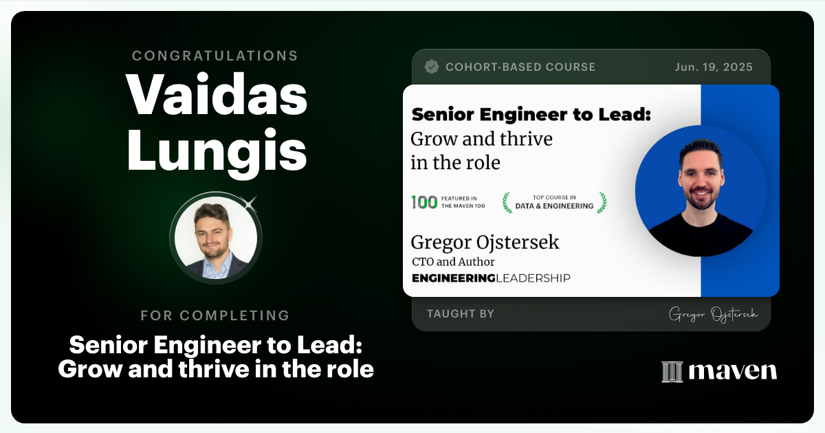Certificate of Completion for Senior Engineer to Lead: Grow and thrive in the role