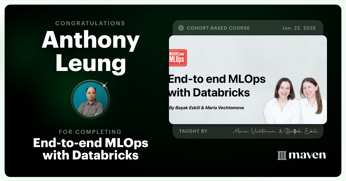 Certificate of Completion for End-to-end MLOps with Databricks