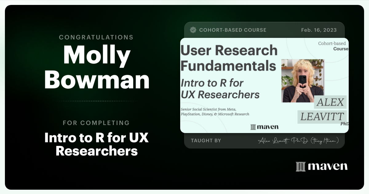 Certificate of Completion for Intro to R for UX Researchers