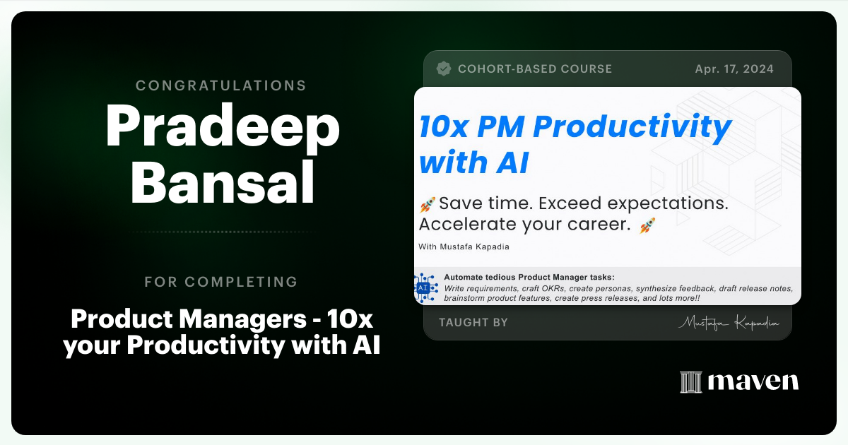 Certificate of Completion for Get Your Time Back: AI for Product Managers