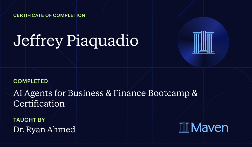 Certificate for Mastering AI Agents for Business & Finance Bootcamp & Certification