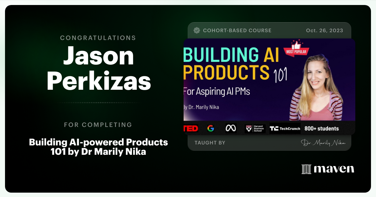 Certificate of Completion for AI Product Management 101 & Certification - Building AI Products end-to-end