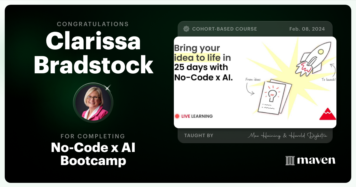 Certificate of Completion for No-Code x AI Bootcamp