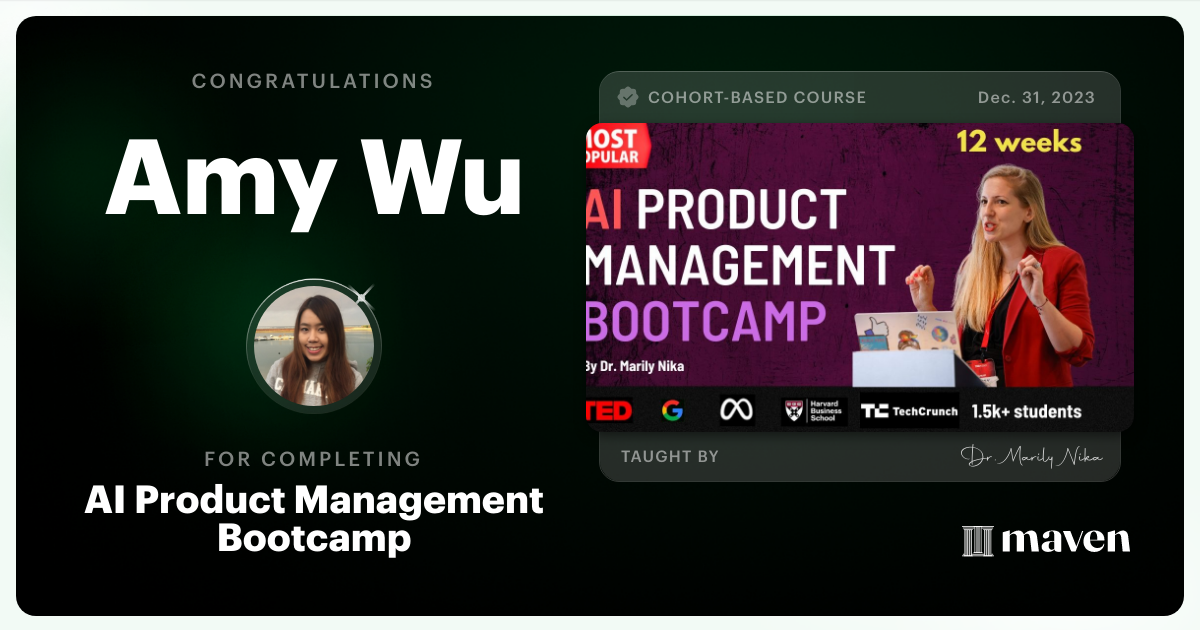 Certificate of Completion for AI Product Management Bootcamp & Certification by AI Product Academy