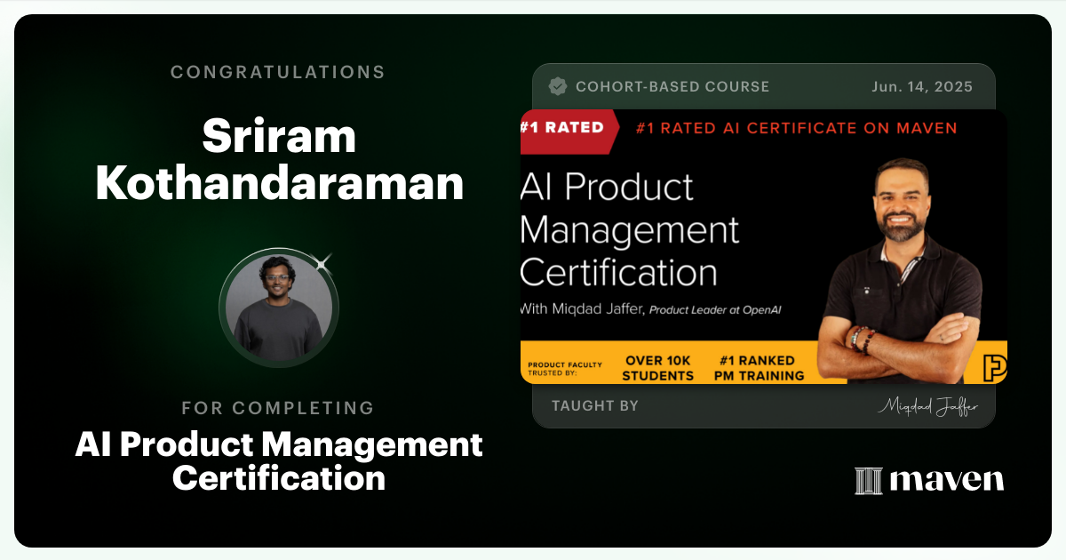 Certificate of Completion for AI Product Management Certification by Product Faculty