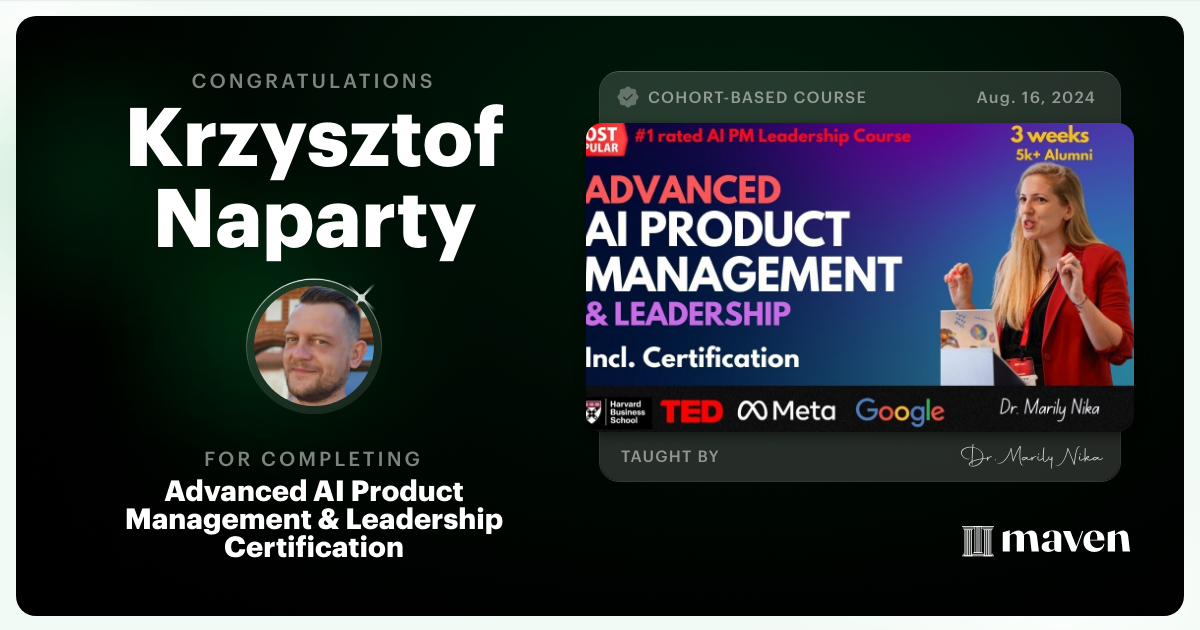 Certificate of Completion for Advanced AI Product Leadership Certification