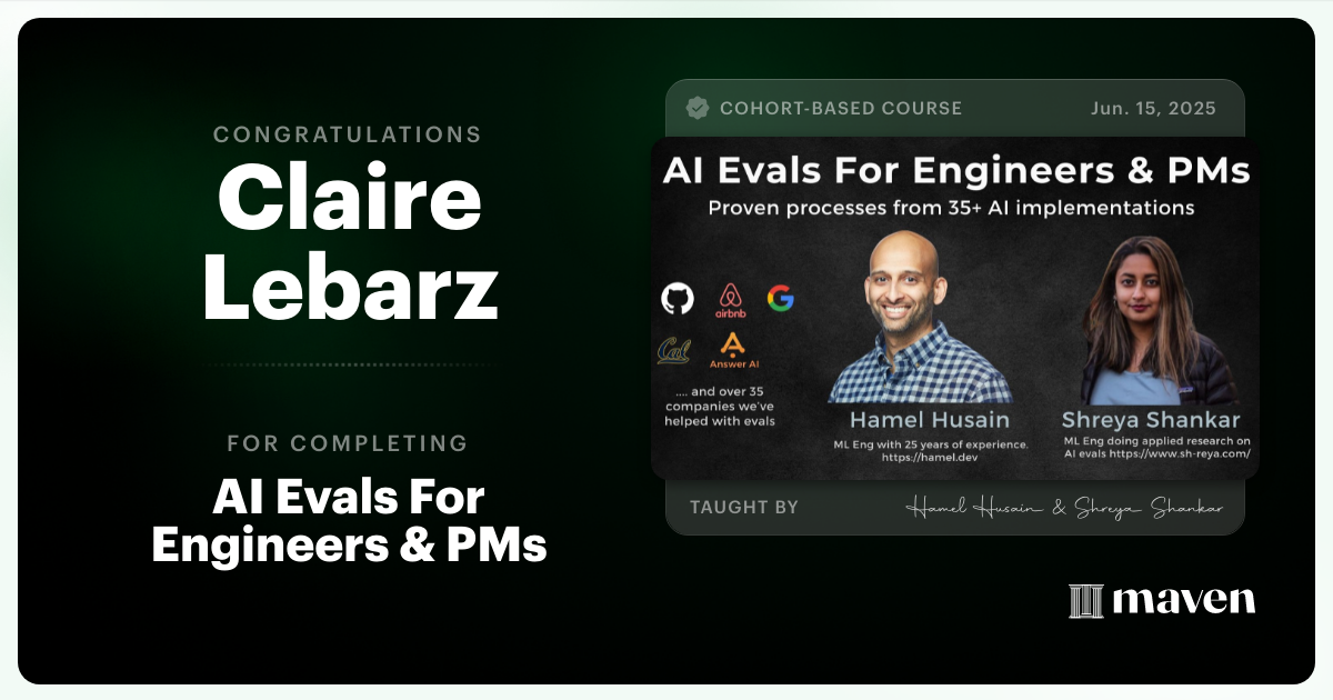 Certificate of Completion for AI Evals For Engineers & PMs