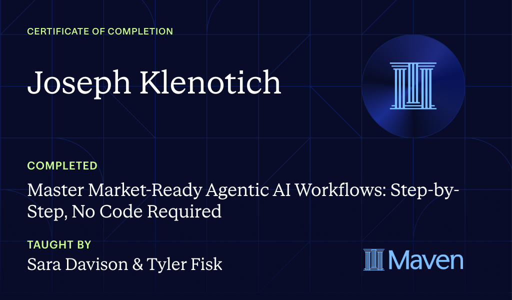 Certificate for Master Market-Ready Agentic AI Workflows: Step-by-Step, No Code Required