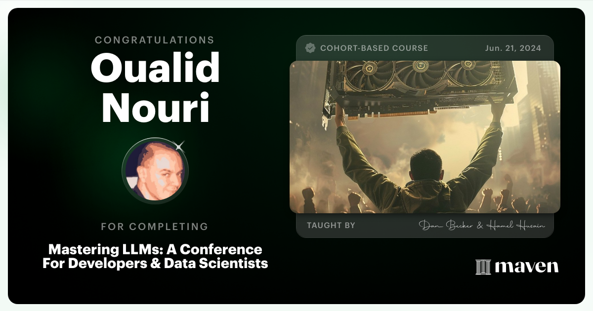 Certificate of Completion for Mastering LLMs For Developers & Data Scientists