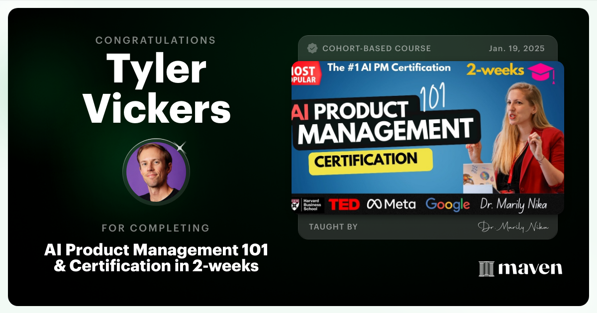 Certificate of Completion for AI Product Management 101 & Certification - Building AI Products end-to-end