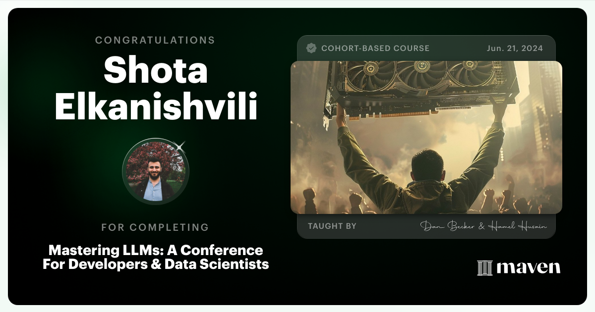 Certificate of Completion for Mastering LLMs For Developers & Data Scientists