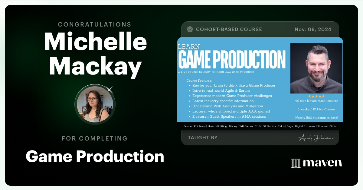 Certificate of Completion for Game Production – Think Like a Game Producer & Ship Games!