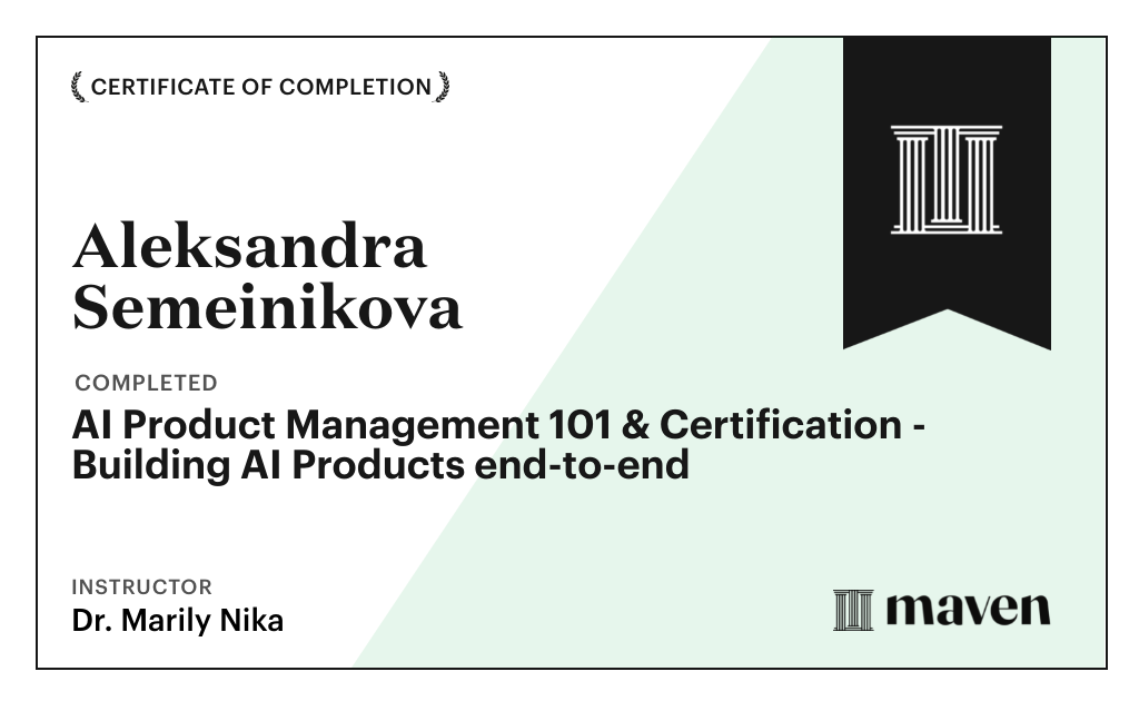 Certificate for AI Product Management 101 & Certification - Building AI Products end-to-end