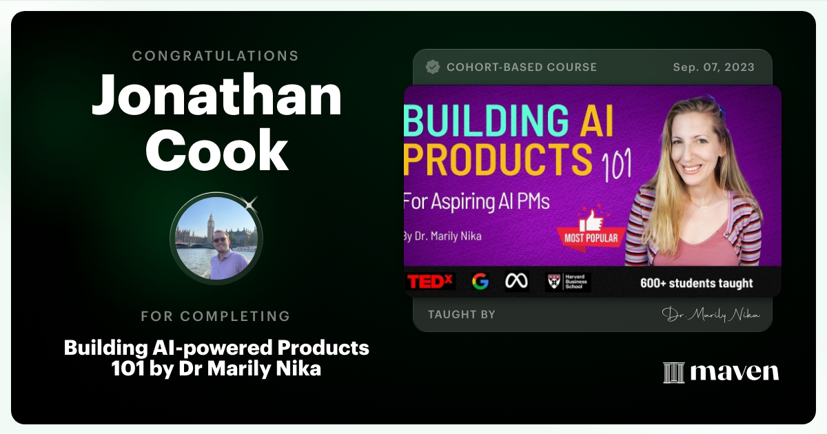Certificate of Completion for AI Product Management 101 & Certification - Building AI Products end-to-end