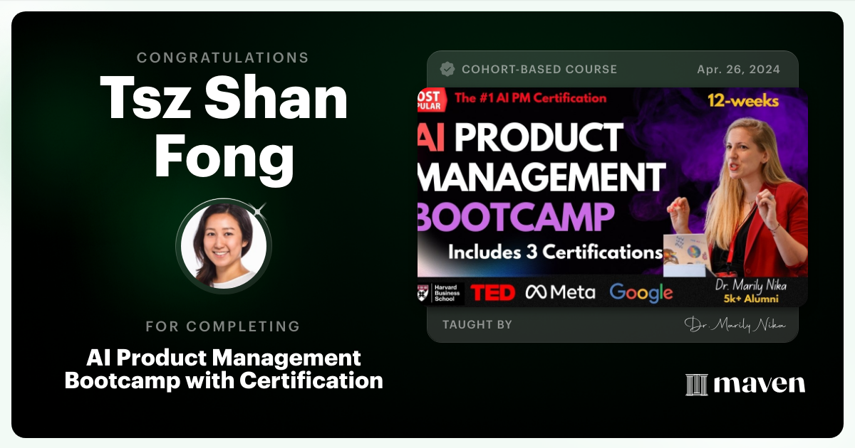 Certificate of Completion for AI Product Management Bootcamp & Certification by AI Product Academy