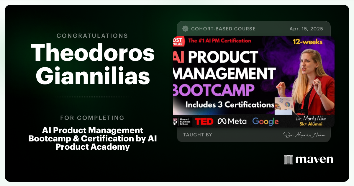 Certificate of Completion for AI Product Management Bootcamp & Certification by AI Product Academy
