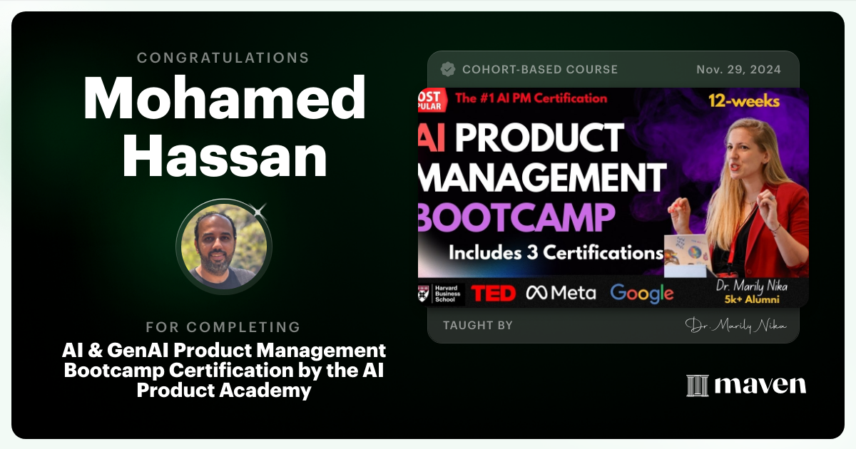 Certificate of Completion for AI Product Management Bootcamp & Certification by AI Product Academy