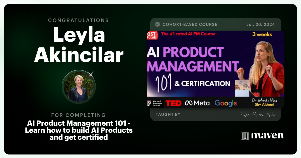 Certificate of Completion for AI Product Management 101 & Certification - Building AI Products end-to-end