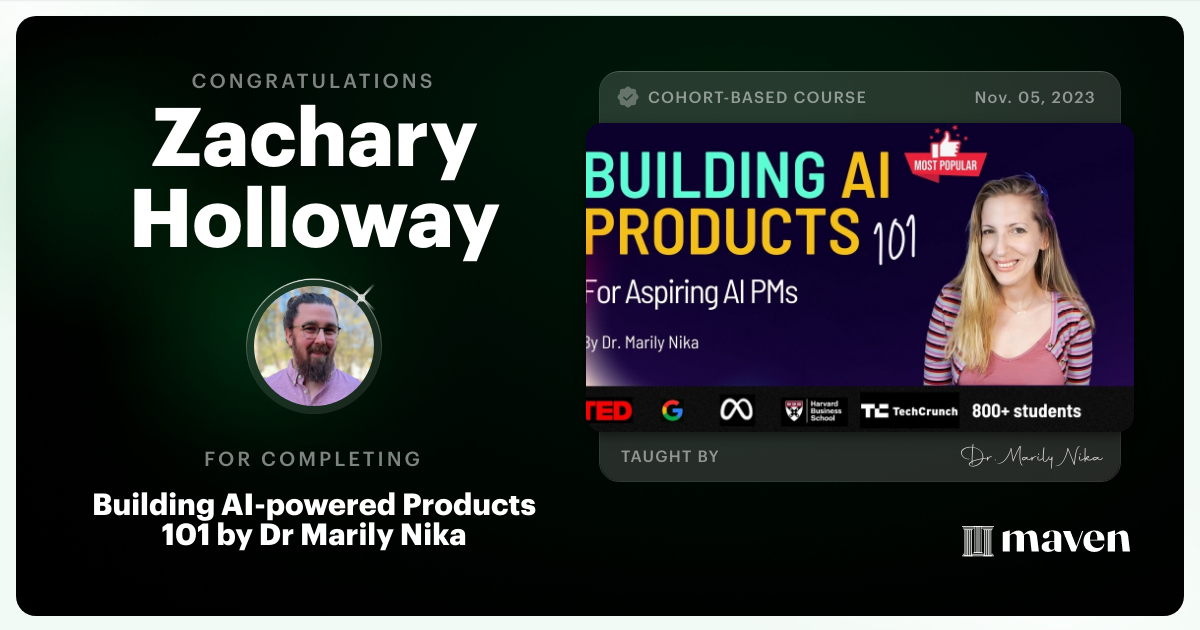 Certificate of Completion for AI Product Management 101 & Certification - Building AI Products end-to-end