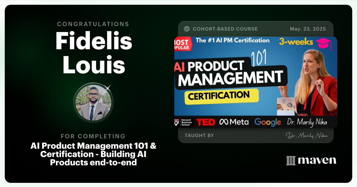 Certificate of Completion for AI Product Management 101 & Certification - Building AI Products end-to-end