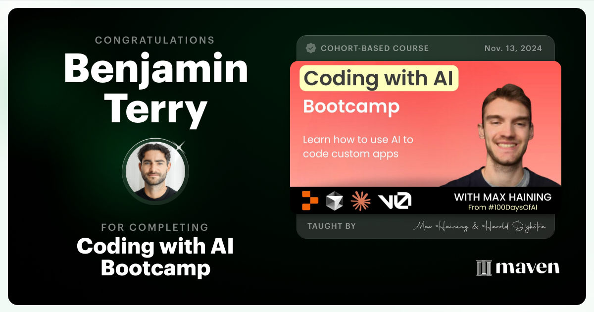 Certificate of Completion for Vibe Coding Bootcamp