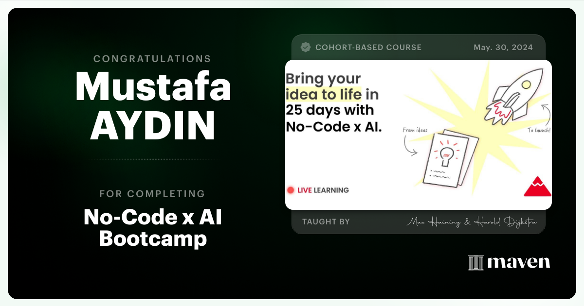 Certificate of Completion for No-Code x AI Bootcamp
