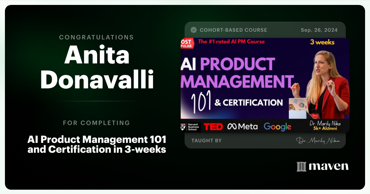 Certificate of Completion for AI Product Management 101 & Certification - Building AI Products end-to-end