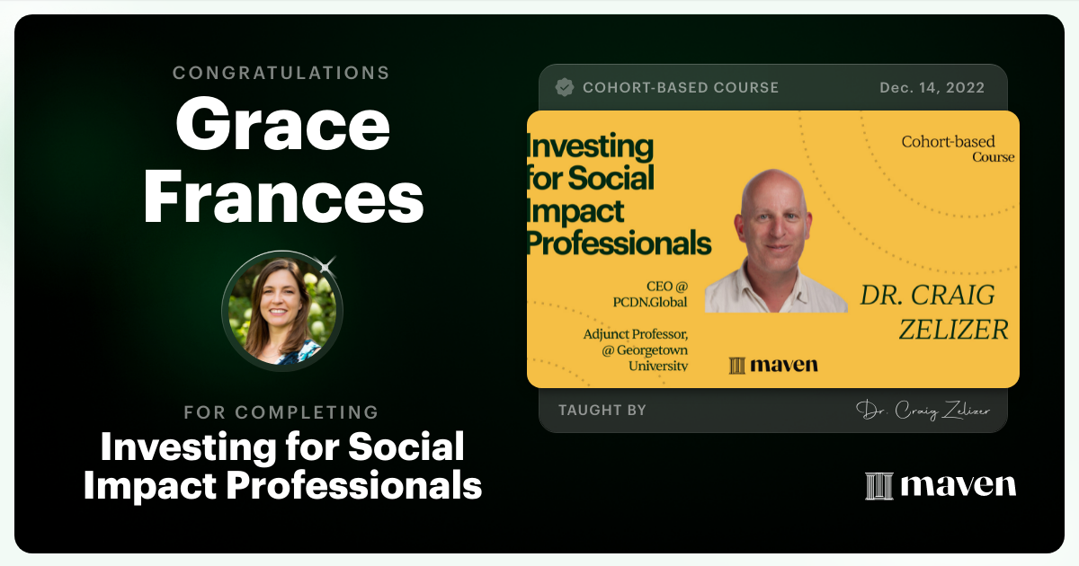 Certificate of Completion for Investing for Social Impact Professionals